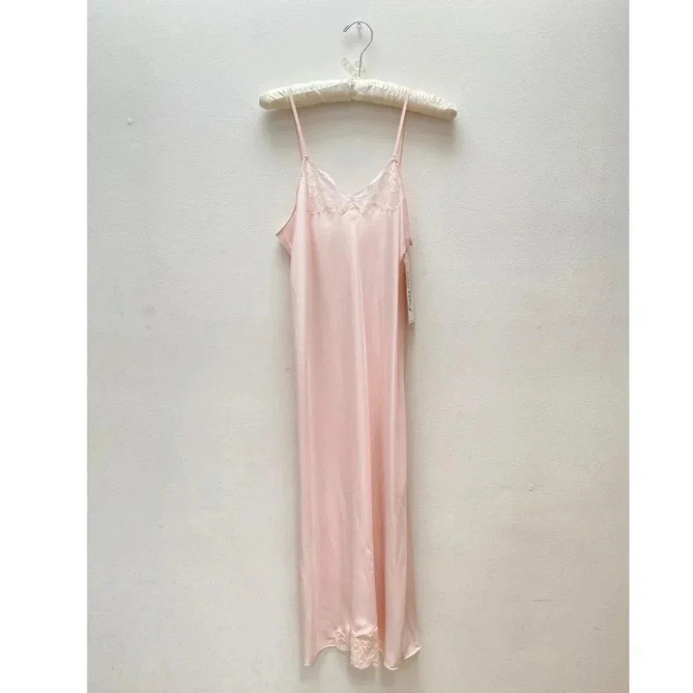 Vintage - NWT Full Length Baby Pink Pastel Lavender Trimmed Slip / Dress